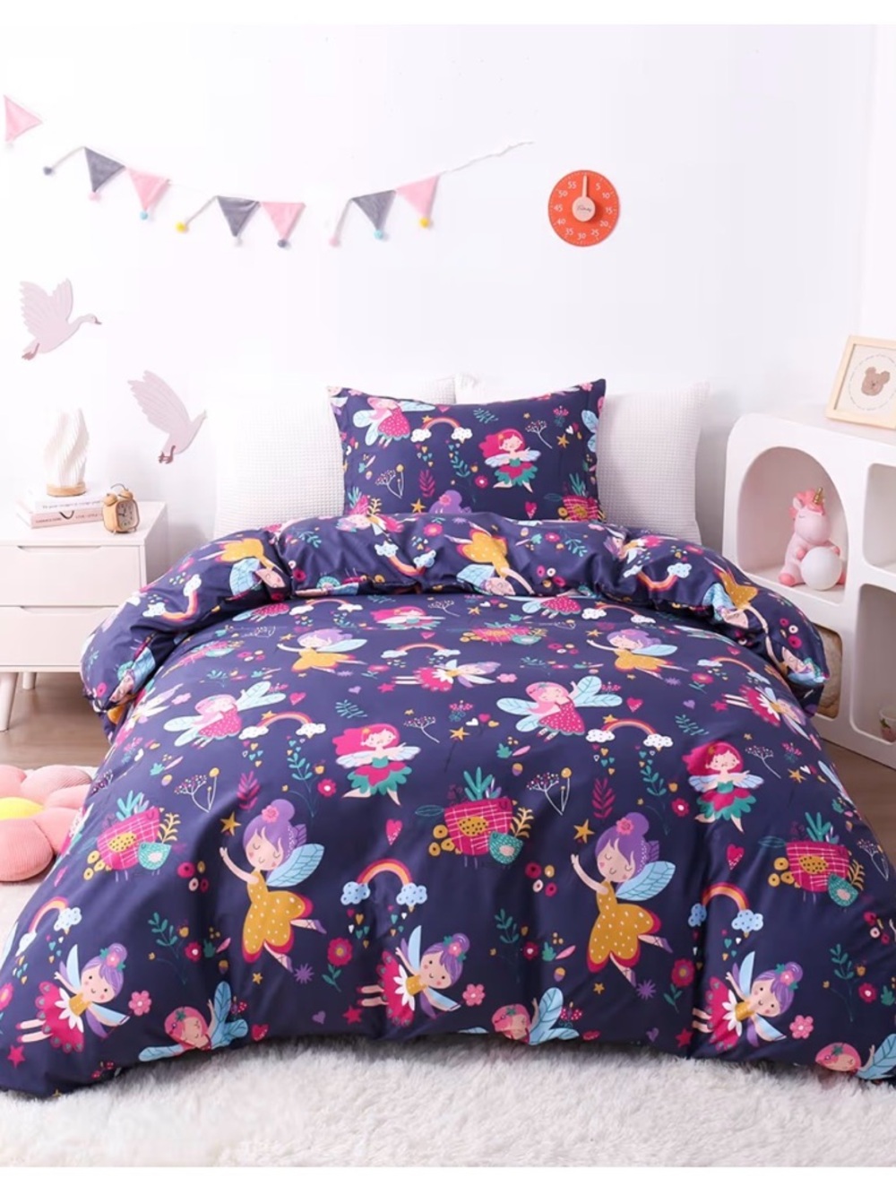 Whimsical Fairy Print Navy Blue Duvet Cover Set